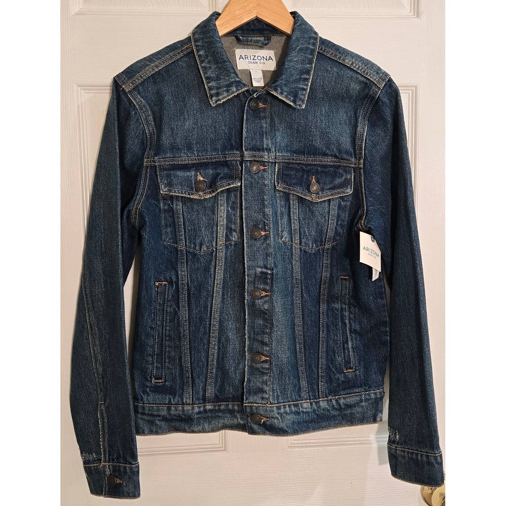 Arizona Jean Co Mens Dark Wash Denim Trucker Jacket 100% Cotton SMALL NWT